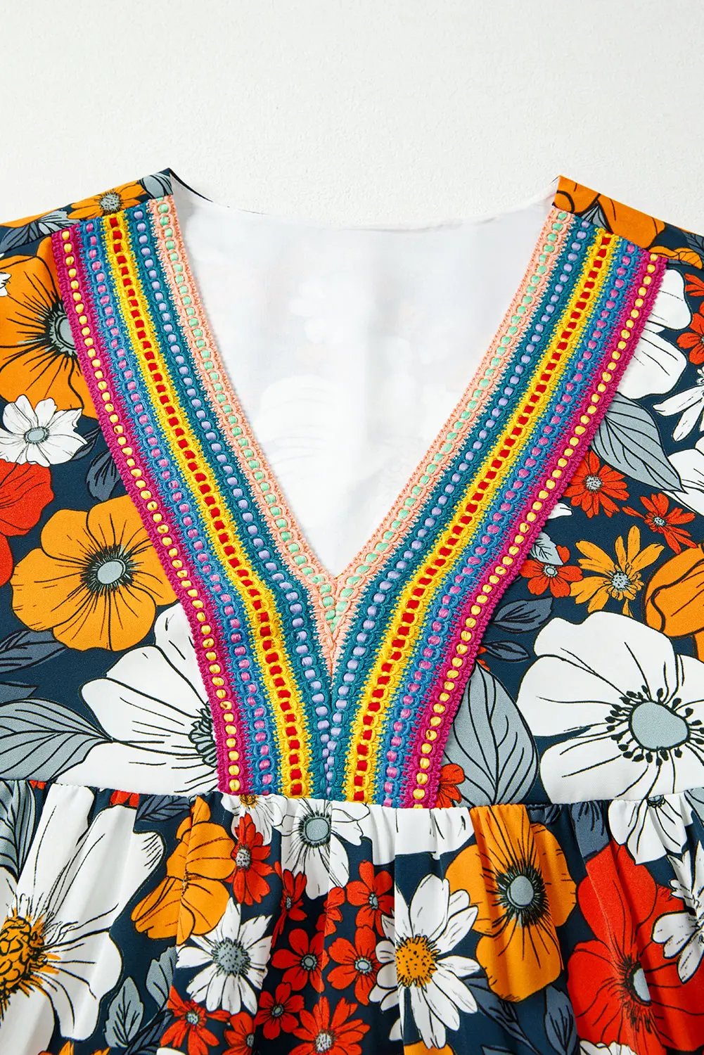 Orange Floral Print Lace V Neck Long Sleeve Mini Dress Dear-Lover Dropshipping